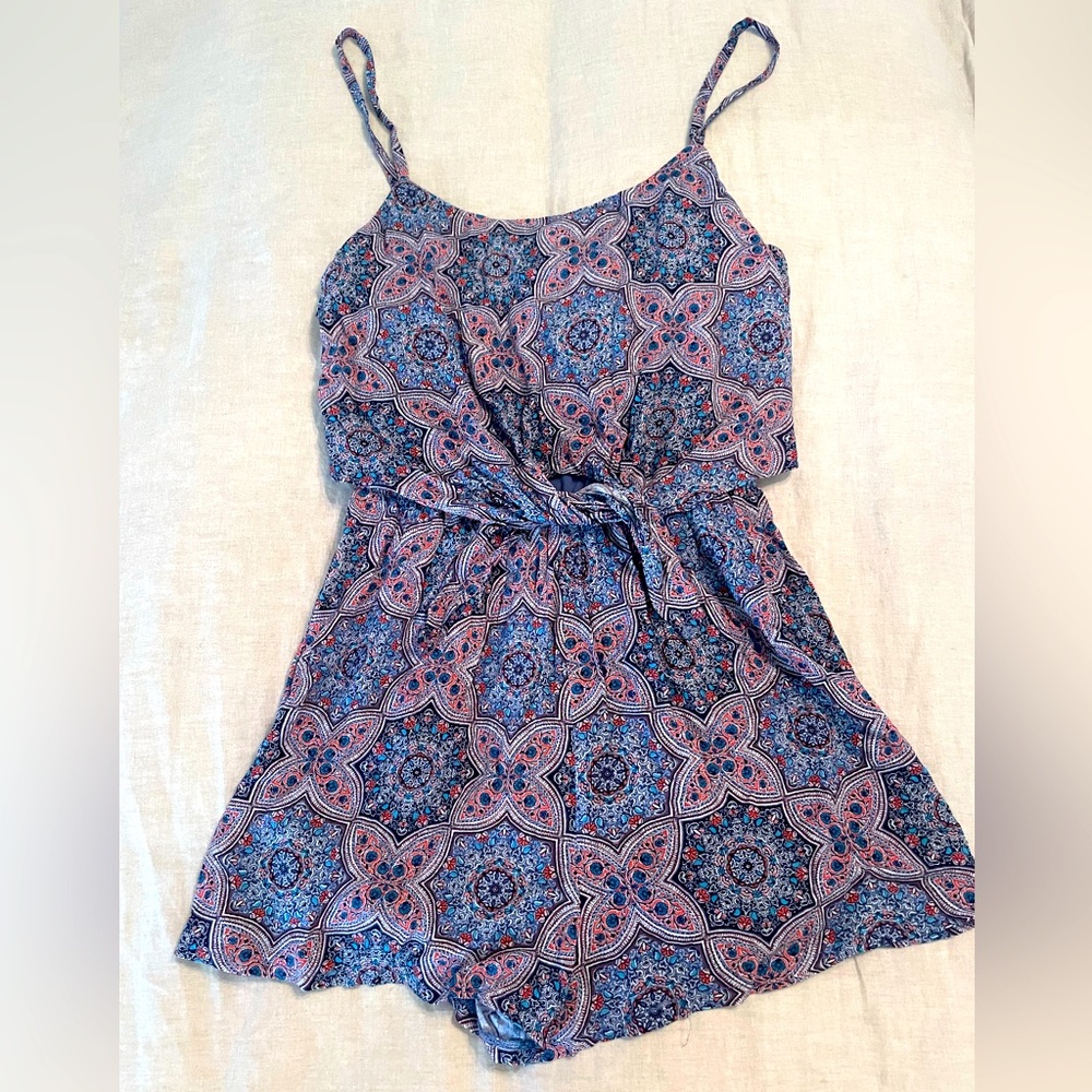 As U Wish Periwinkle, Coral, Teal, Navy Blue, and White Floral Romper 💕